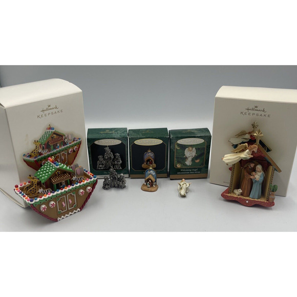 Lot Of 5 Hallmark Ornaments Religious Nativity Angel Cross Jesus Christmas - Picture 1 of 8